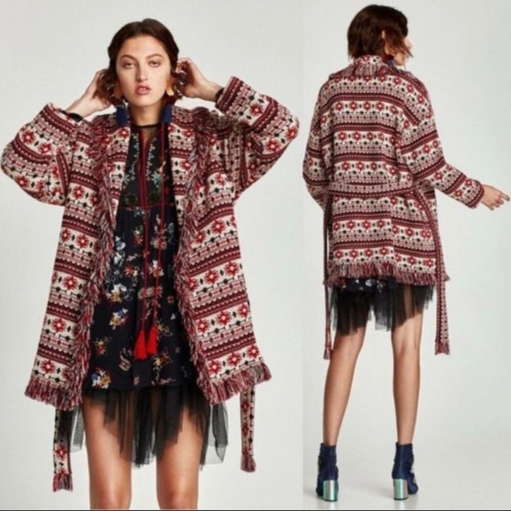 Zara Woman Red Belted Fringed Tibetan Sherpa Jacket